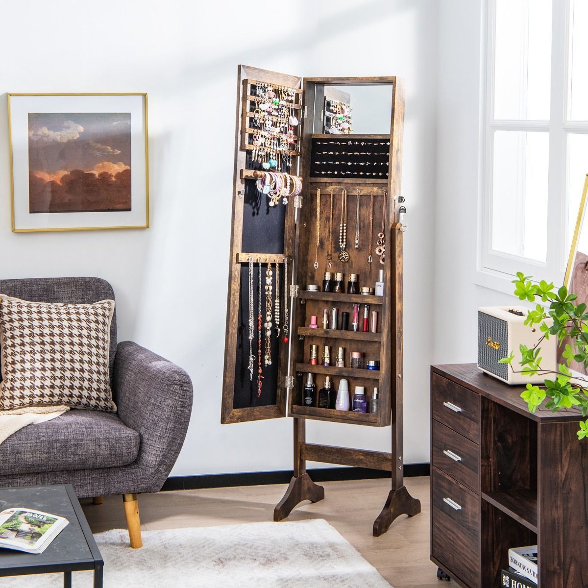 Standing Jewelry Cabinet with Makeup Mirror & Lockable Door