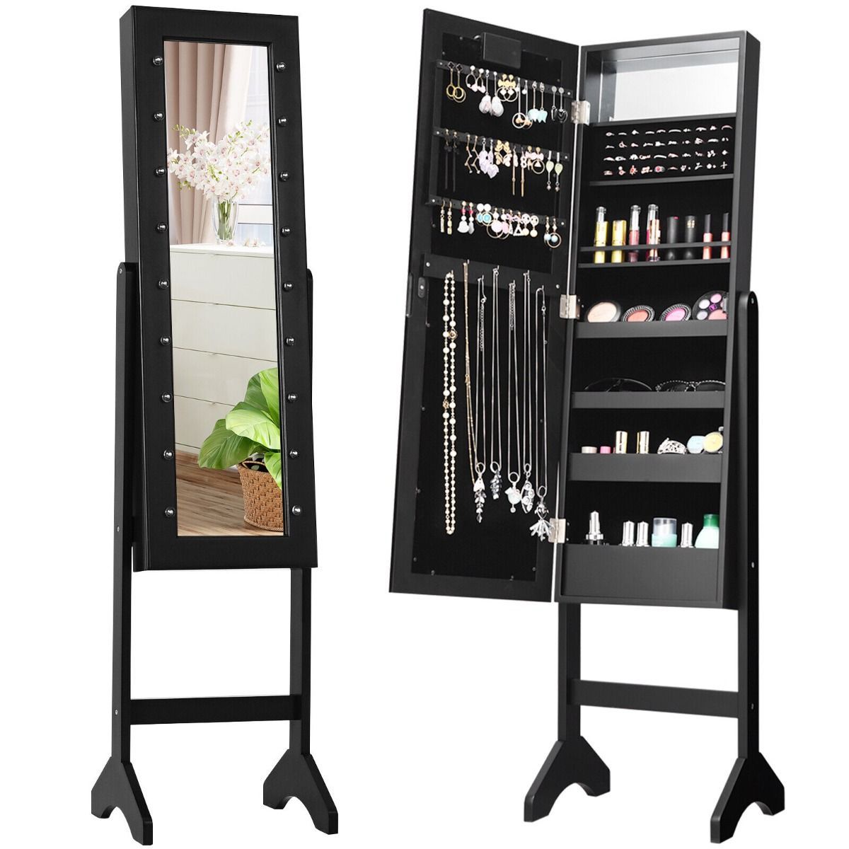 Standing Jewelry Armoire with 18 LED Lights and Mirror