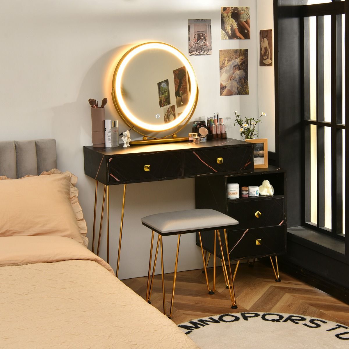 Makeup Vanity Set with Lighted Mirror & Storage Cabinet