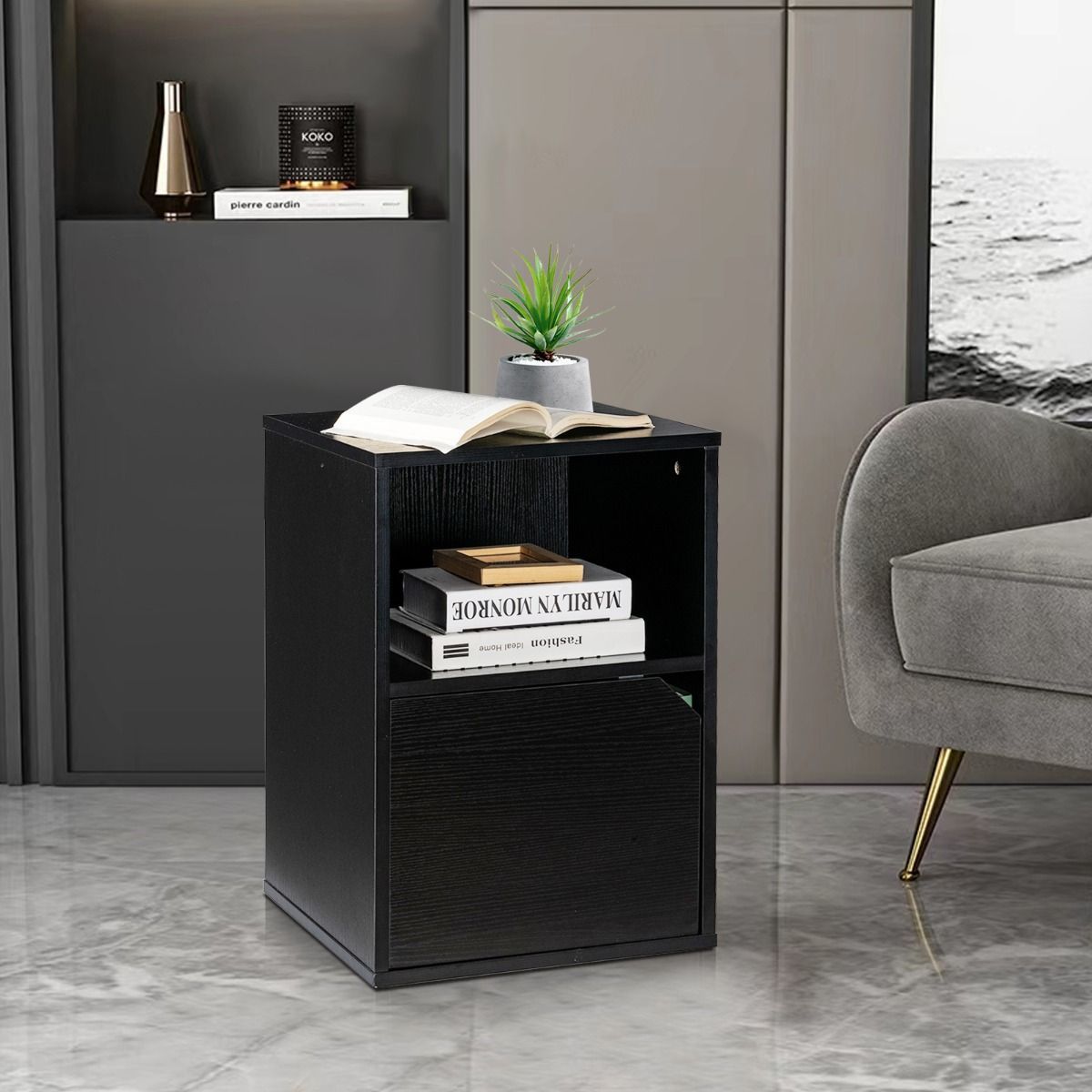 Set of 2 Bedside Table with Open Compartment for Bedroom