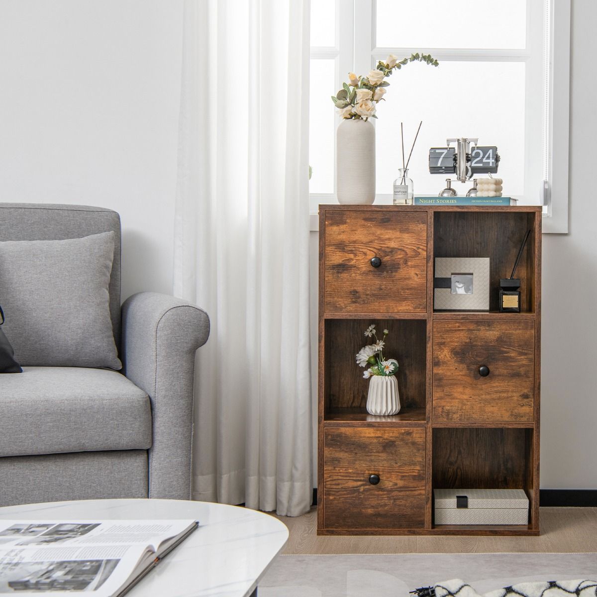 3-Tier Bookshelf with 3 Cubes & 3 Drawers for Office