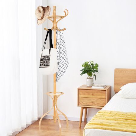 Practical Birch Coat Stand with 360 degree Rotating Top Tier for Hat & Jacket