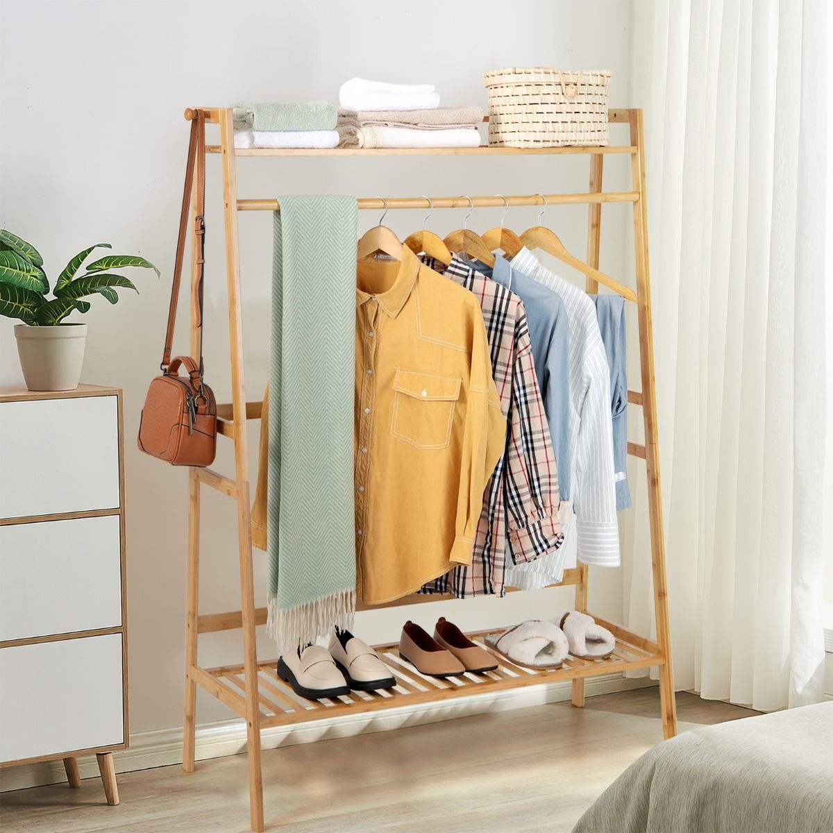 Freestanding Bamboo Clothing Rack with Top Shelf & Shoe Rack