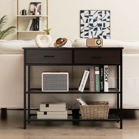 100cm Console Table with 2 Drawers & 2-Tier Shelves & Anti-Toppling Design