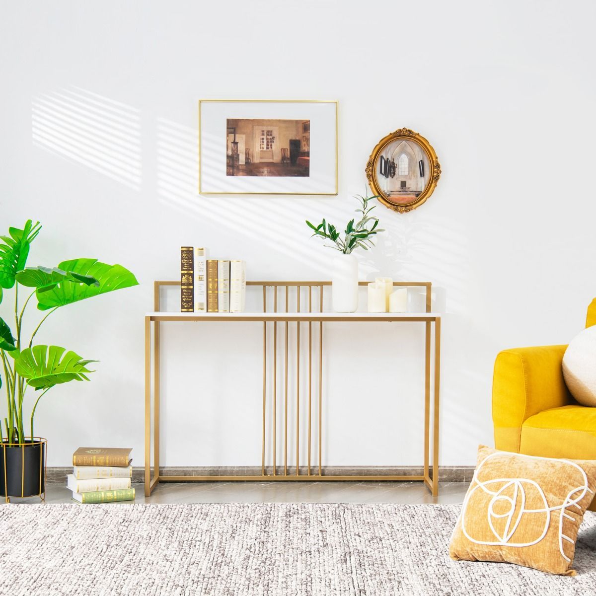 Modern Narrow Console Table with Faux Marble Tabletop for Entryway