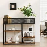 4-Tier Console Table with Wire Basket for Living Room/Dining Room