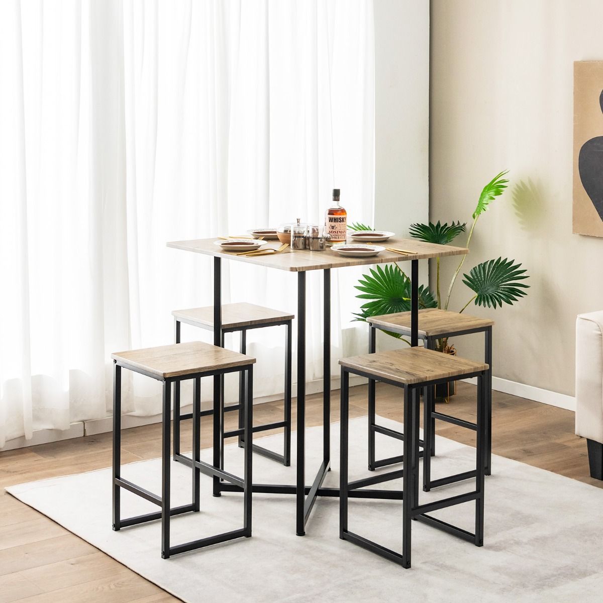 5 Piece Kitchen Dining Square Table Set  with 4 Stools for Apartment