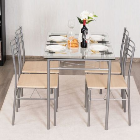 5 Piece Table Set with Tempered Glass Desktop for Dining Room