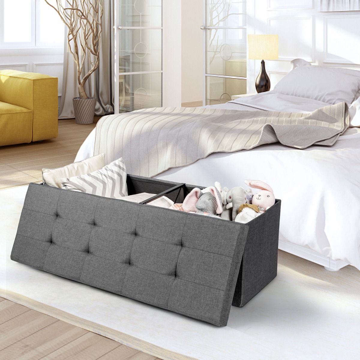 Fabric Folding Storage Ottoman with Divider for Entryway