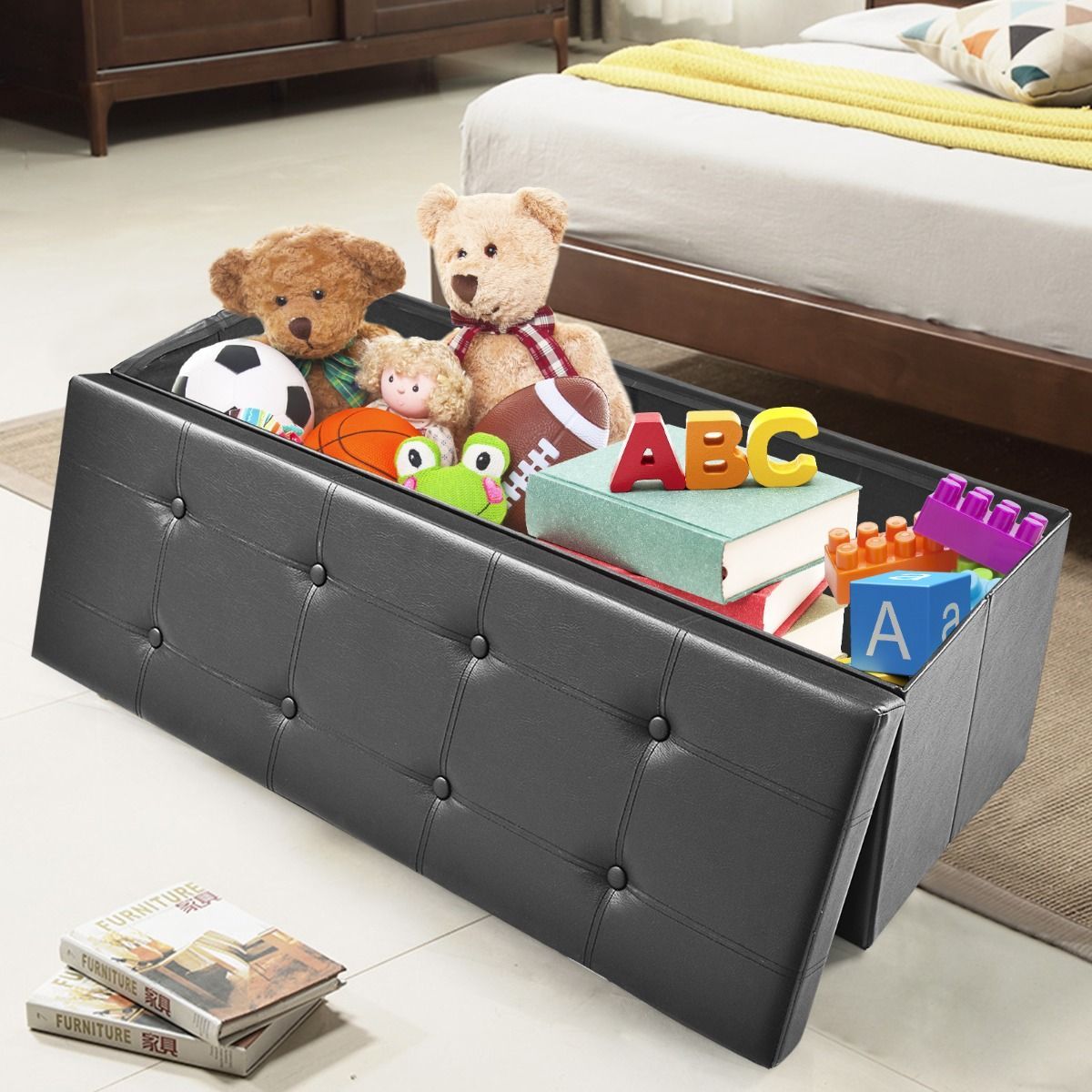 Tufted Faux Leather Folding Storage Ottoman Bench