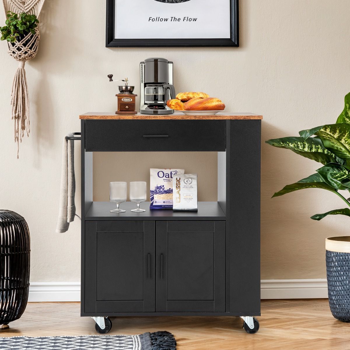 Rolling Kitchen Serving Trolley with 3 Spice Racks for Kitchen