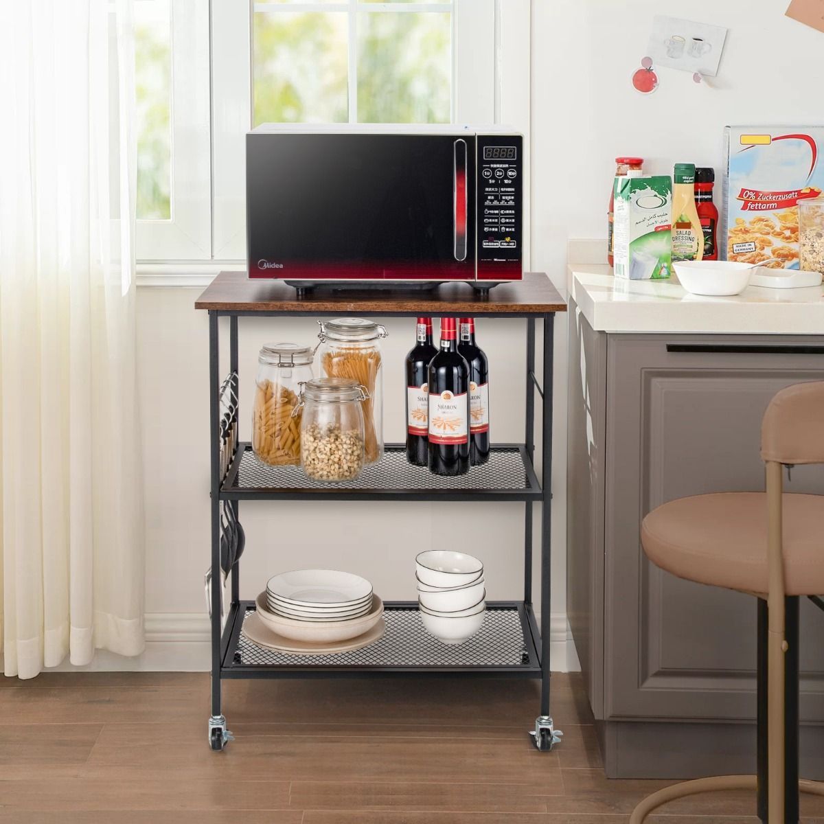 3 Tier Kitchen Serving Rolling Carts with 2 Mesh Shelves & 5 Hanging Hooks