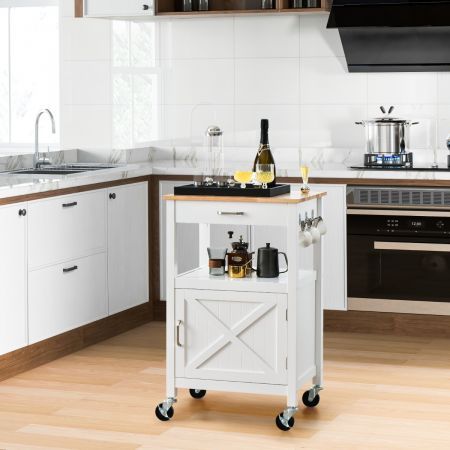 Rolling Kitchen Island with Rubber Wood Top with Side Hooks for Kitchen