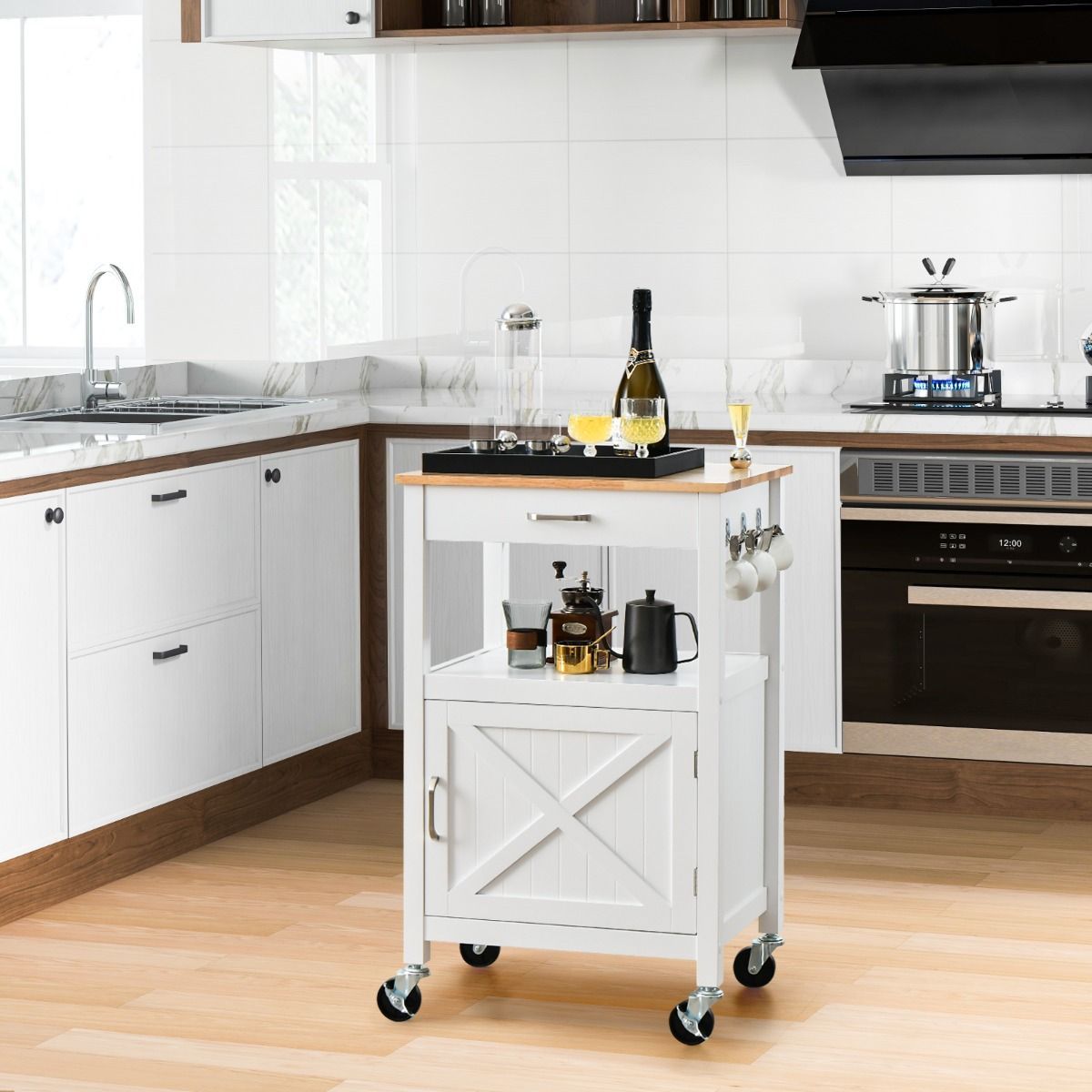 Rolling Kitchen Island with Rubber Wood Top with Side Hooks for Kitchen