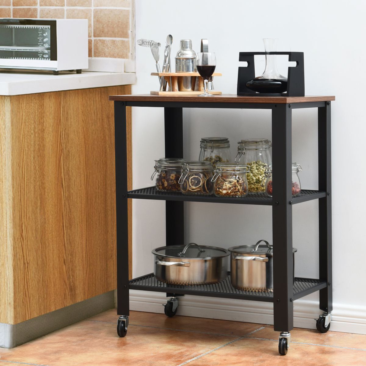 Industrial Kitchen Serving Storage Cart with 2 Grid Shelves