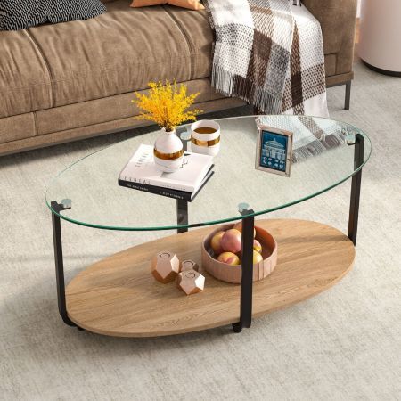 2-Tier Modern Oval Coffee Table with Tempered Glass Tabletop for Home Office