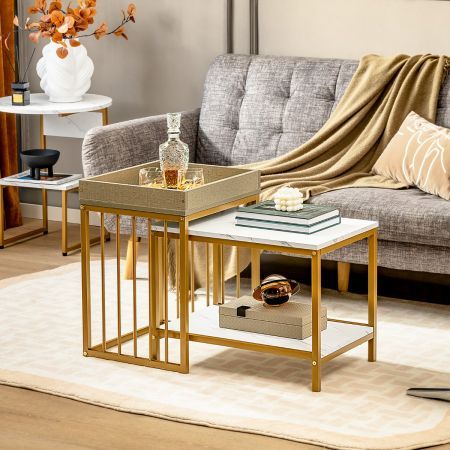 2PCS Space-saving Sofa Side Table Set with Faux Marble & Linen-like Top for Living Room