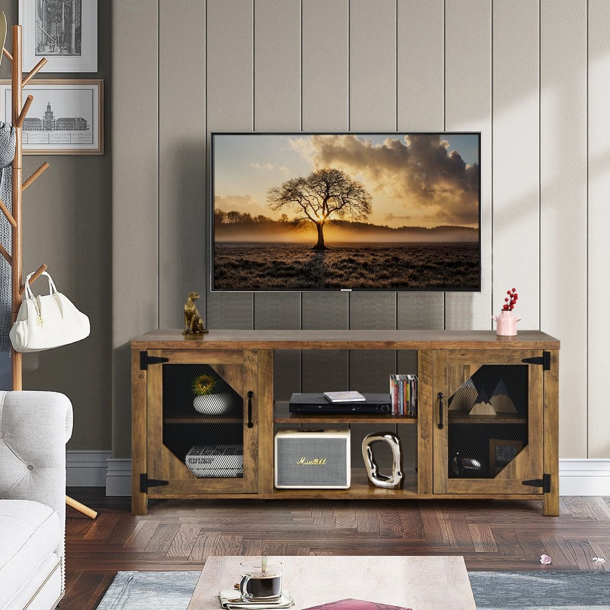 TV Stand with 2 Metal Mesh Doors for Living Room