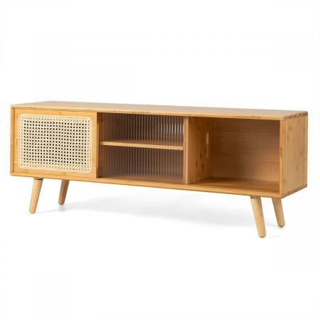 Bamboo Entertainment Center with Rattan & Tempered Glass Sliding Doors