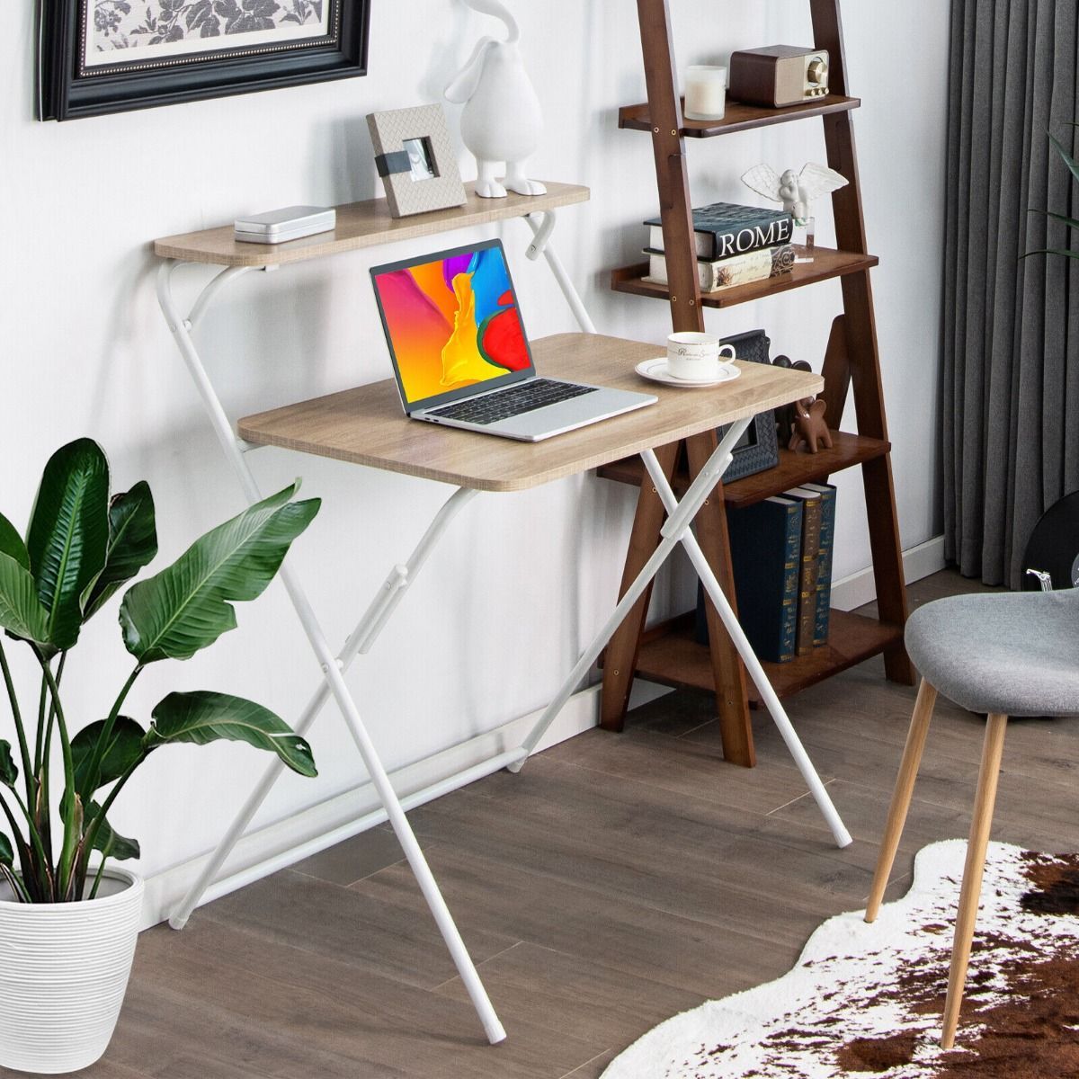 2-Tier Modern Folding Computer Desk with Shelf for Home Office