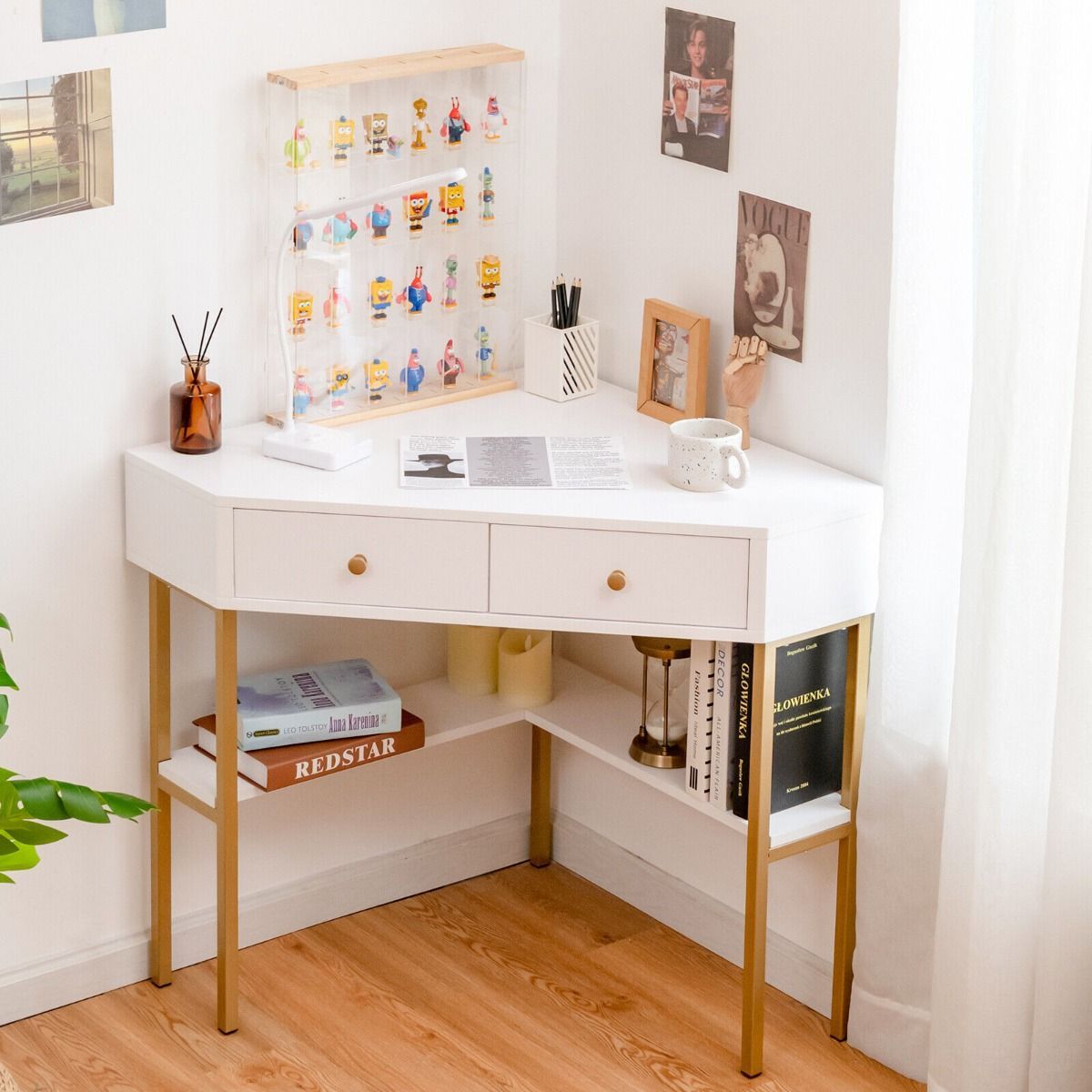 Corner Computer Desk with 2 Large Drawers & Storage Shelf for Office