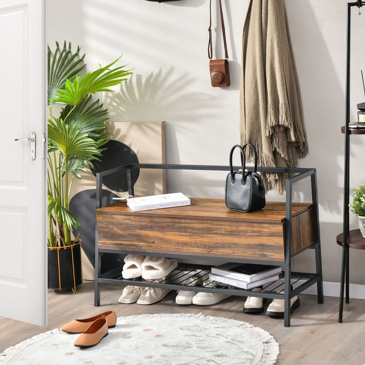 Industrial Shoe Bench with Hidden Storage Space for Hallway