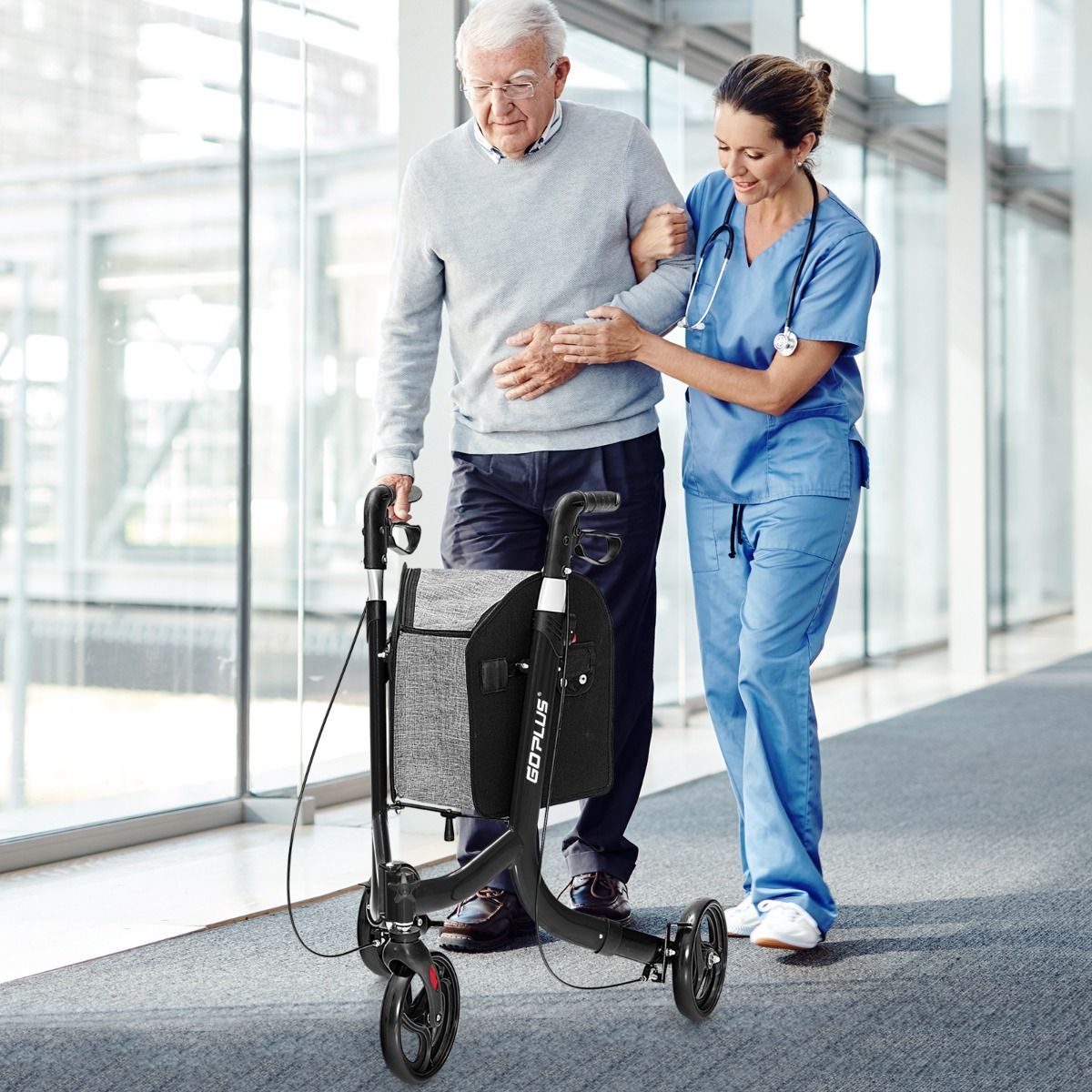 Aluminium Foldable 3-Wheel Rollator Walker with Adjustable Handle, Brakes