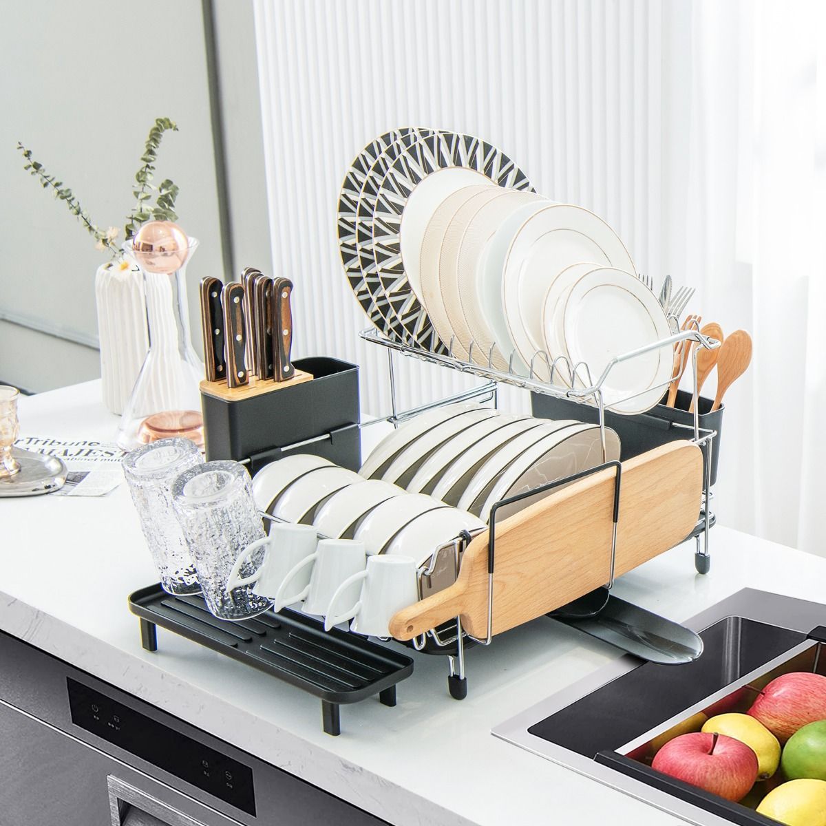 2 Tier Rust-proof Dish Racks with 360 degree Swivel Self-Draining Spout for Kitchen