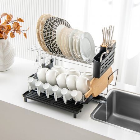2-Tier Detachable Dish Drying Rack with Cutlery Holder & 360 degree Swiveling Spout