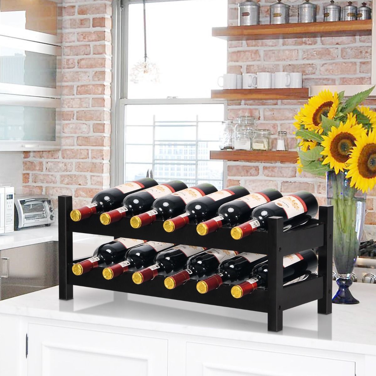 2-Tier Bamboo Wine Rack with 12 Bottles Holder