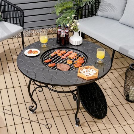 Patio Round Fire Pit Dining Table with Cooking Grill & Wood Grate
