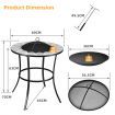 Outdoor Round Fire Pit Table with Mesh Screen Lid & Fire Poker