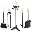 5 Pieces Iron Fireplace Set with Broom & Shovel & Poker & Tongs & Stand