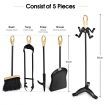 5 Pieces Iron Fireplace Set with Broom & Shovel & Poker & Tongs & Stand