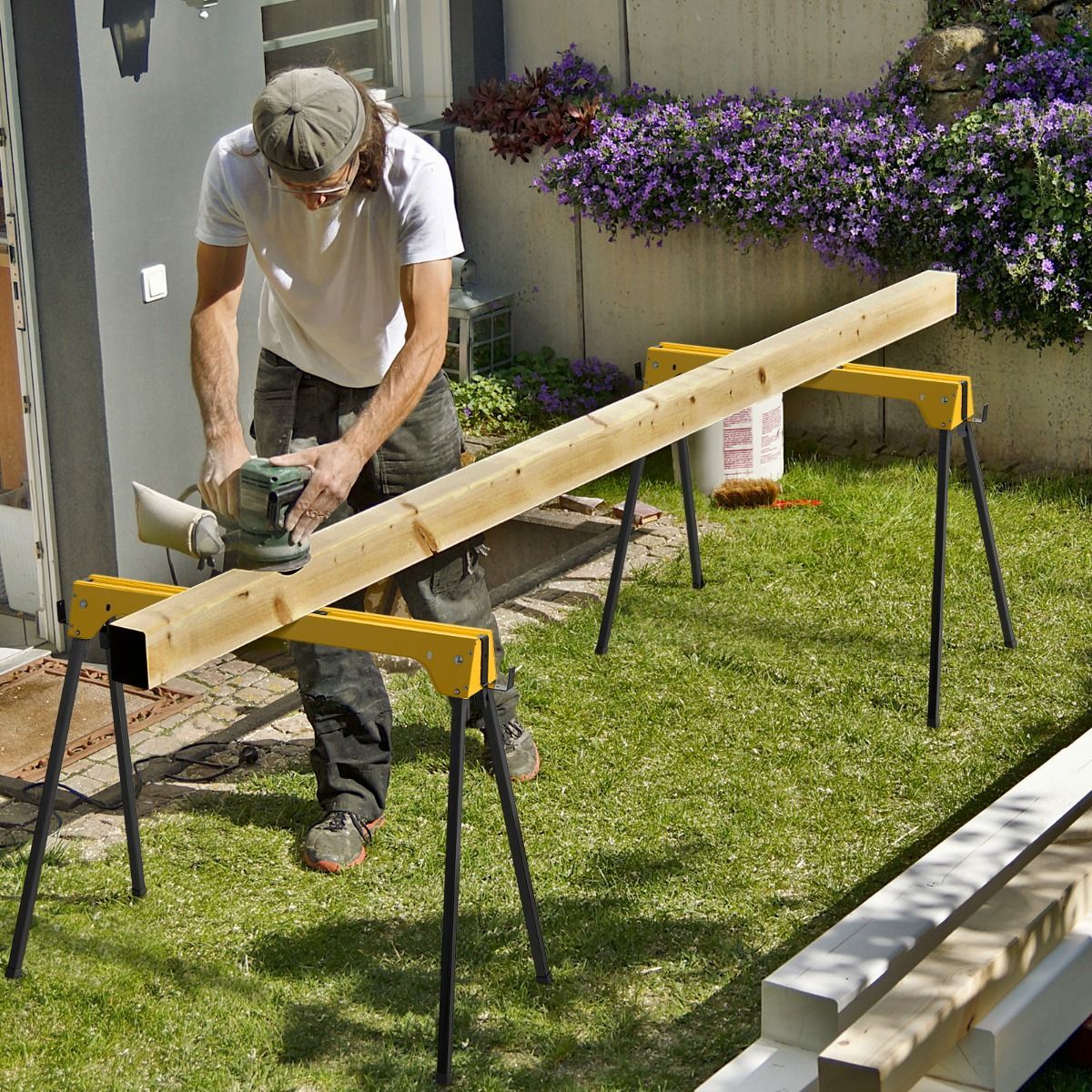 Pack of 2 Folding Sawhorses with Convenient Handle and  Lightweight Tool Stands for Indoor/Outdoor Use