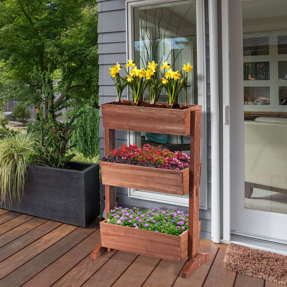 3 Tier Wooden Flower Rack with Water-saving Design For Indoor Outdoor