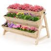 3-Tier Wooden Raised Garden Bed with Side Hooks & Storage Shelf for Plants