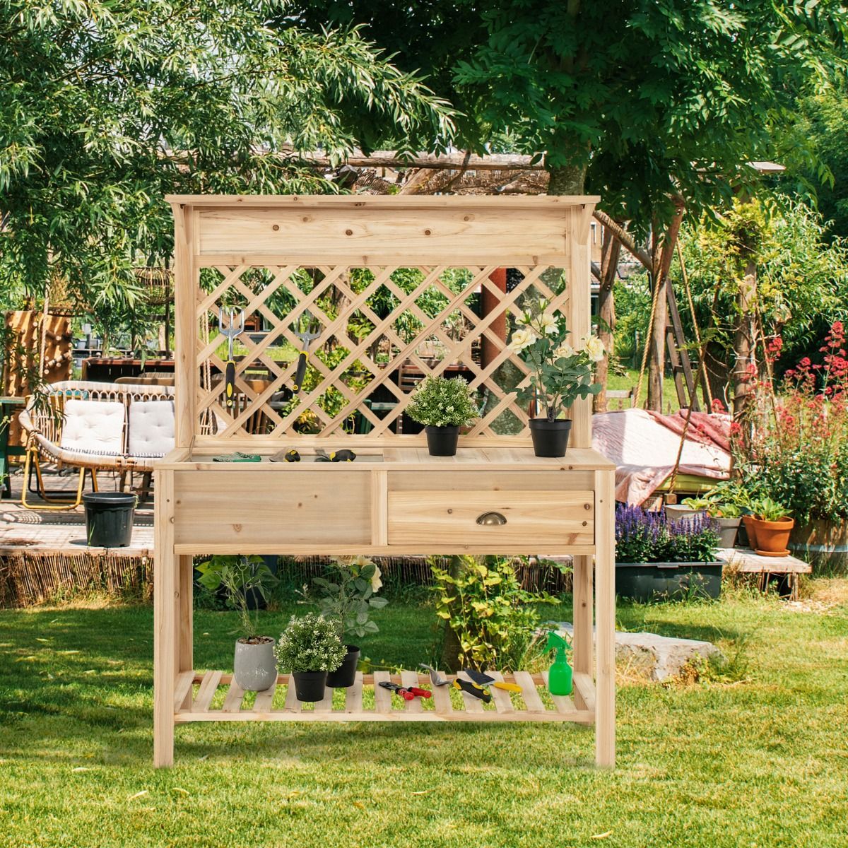 Wood Raised Garden Bed with Trellis & Open Storage Shelf & Drawer