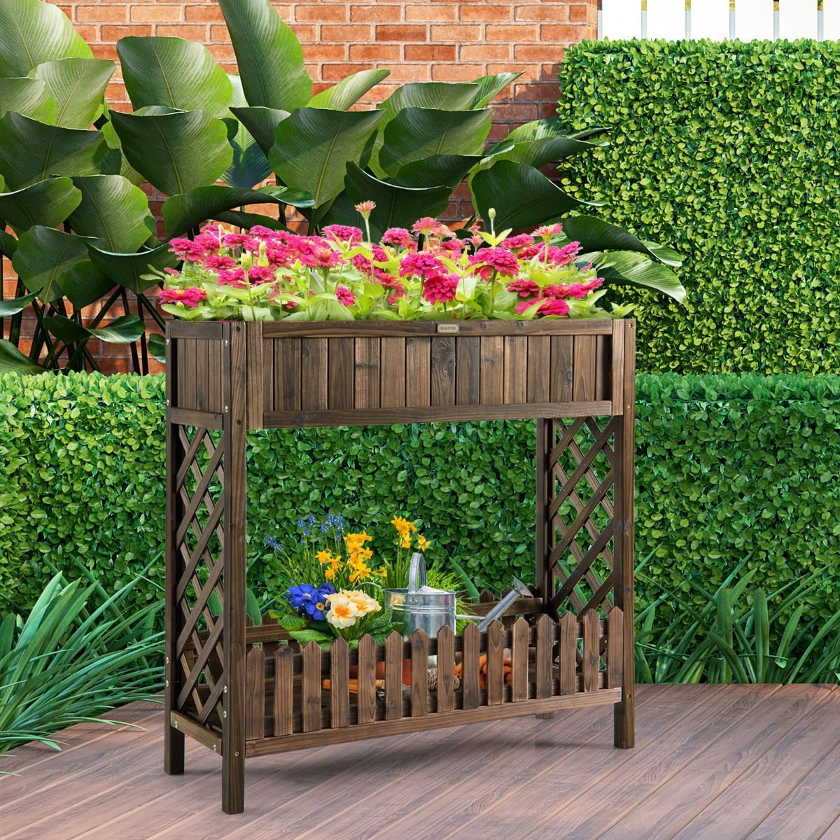 Garden Elevated Planter Box with Storage Shelf for Outdoor