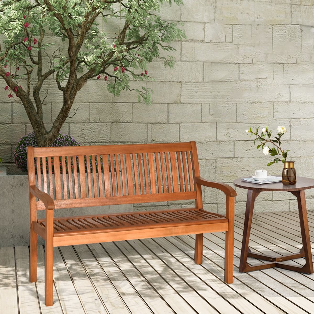 Garden Eucalyptus Wooden Bench with Backrest for Patio