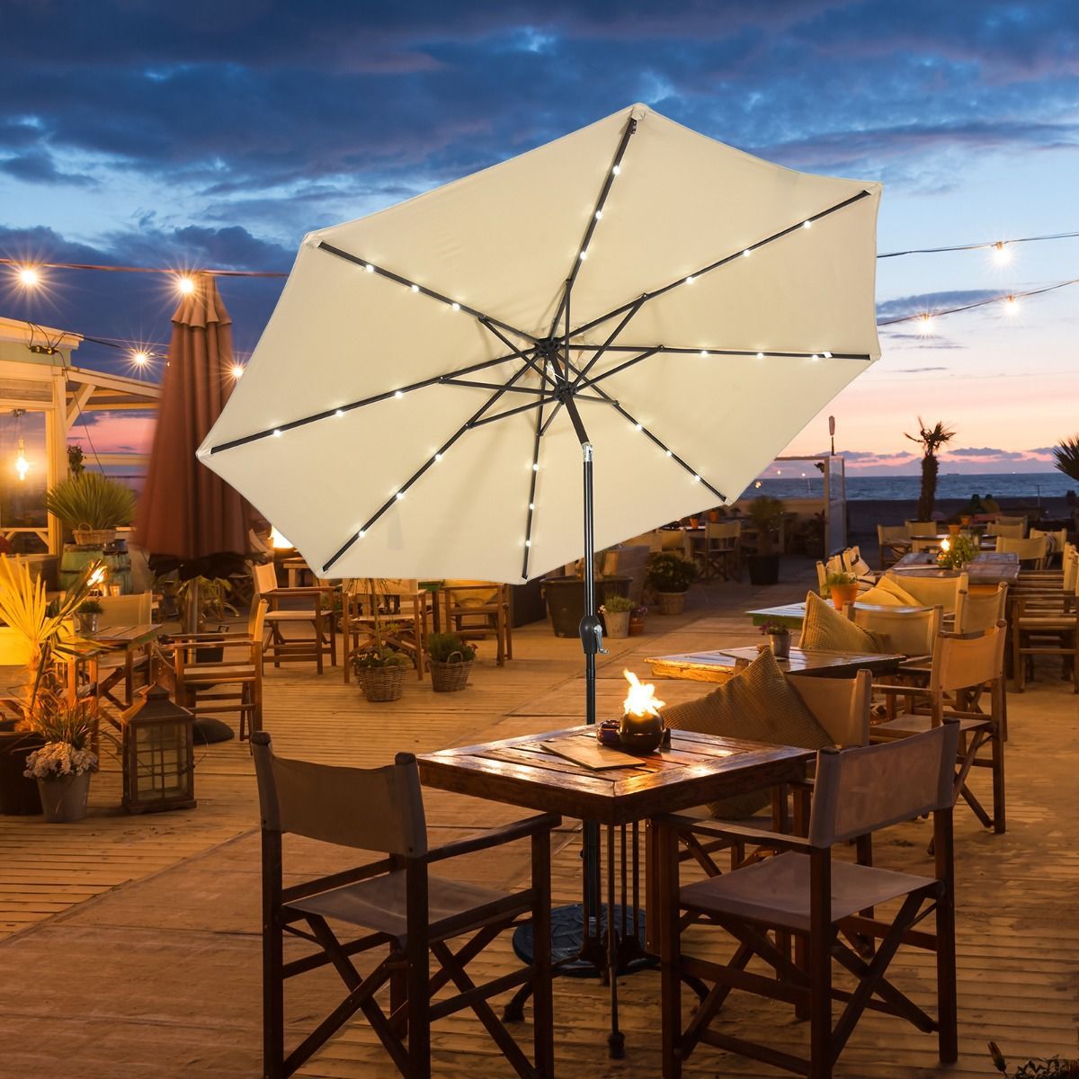 3m Patio Market Umbrella with Solar LED & Adjustment Crank