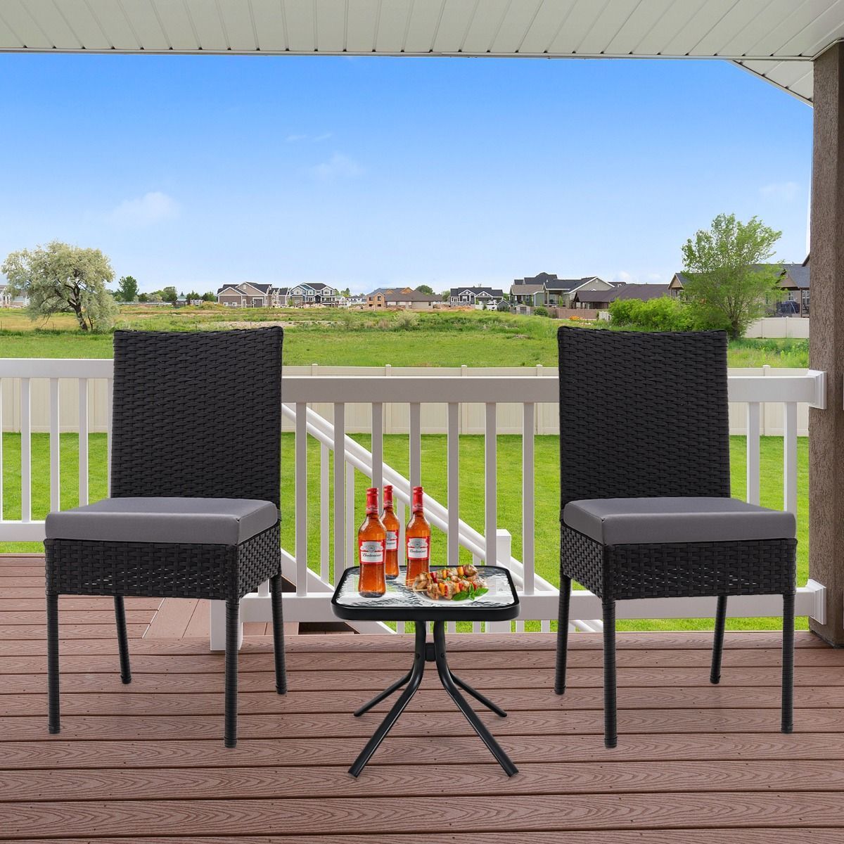 2-Piece Outdoor PE Wicker Dining Chair Set with Soft Cushions