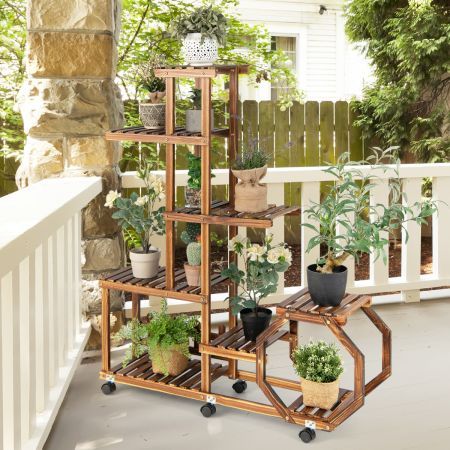 Multi-Layer Wooden Plant Stand with 360 degree Swivel & Lockable & Detachable Wheels