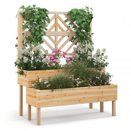 2-Tier Raised Garden Bed Wooden Elevated Planter Box with Trellis