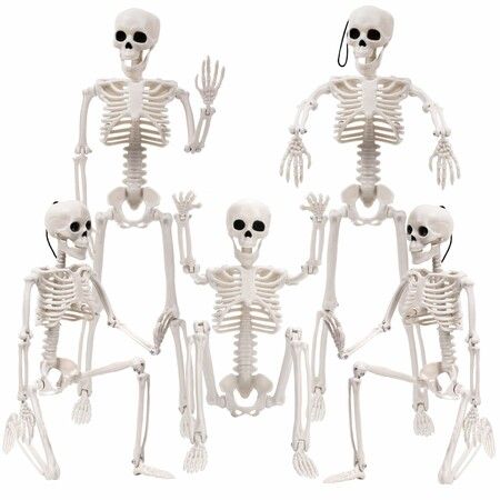 5pcs Halloween Skeleton Decoration,16" Full Body Posable Halloween Hanging Skeleton Decoration with Movable Joints for Halloween Graveyard Haunted House Decoration Indoor Outdoor