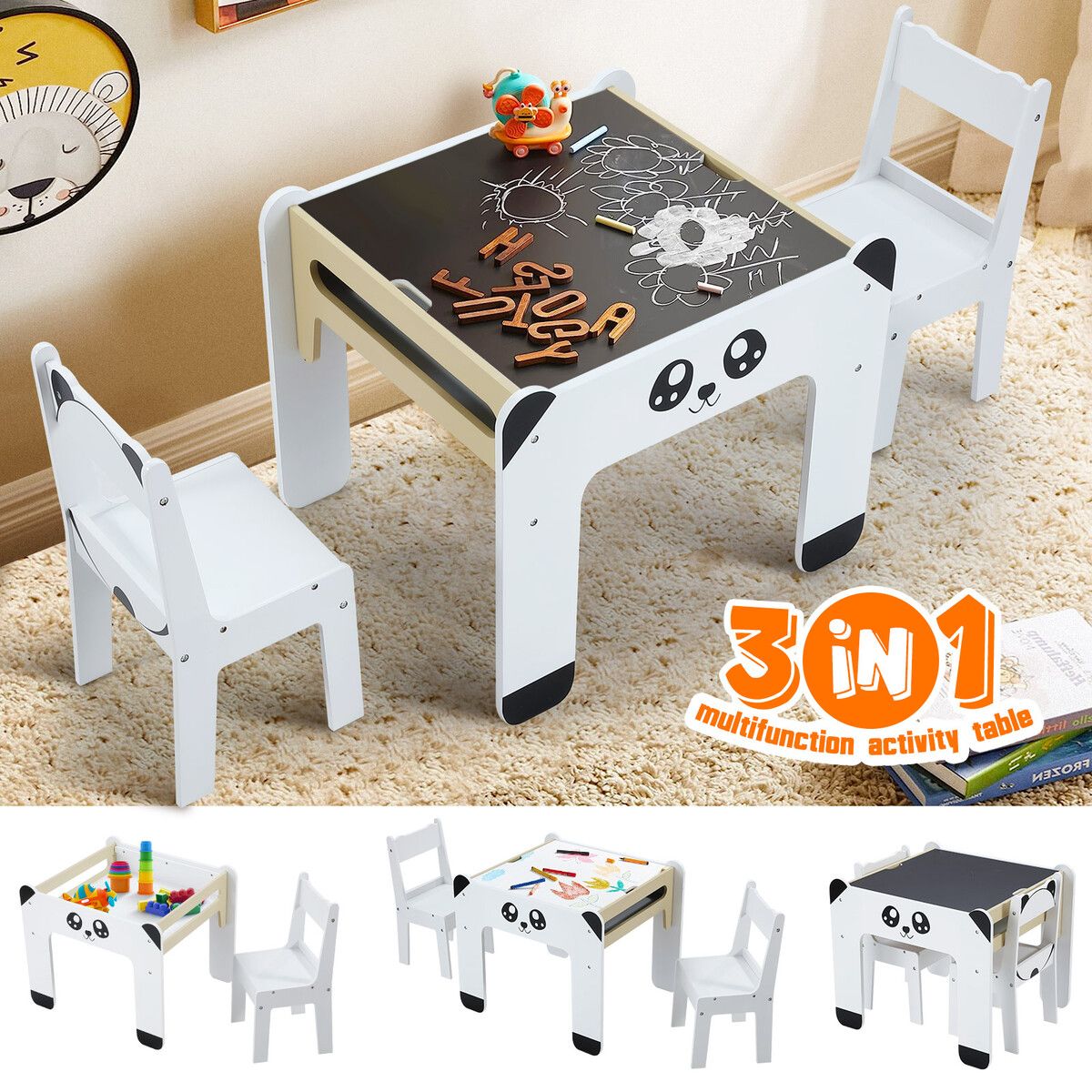 Kids Table and 2 Chairs Set Toddler Childrens Desk Furniture Baby Activity Centre Study Drawing Reading Wooden with Storage