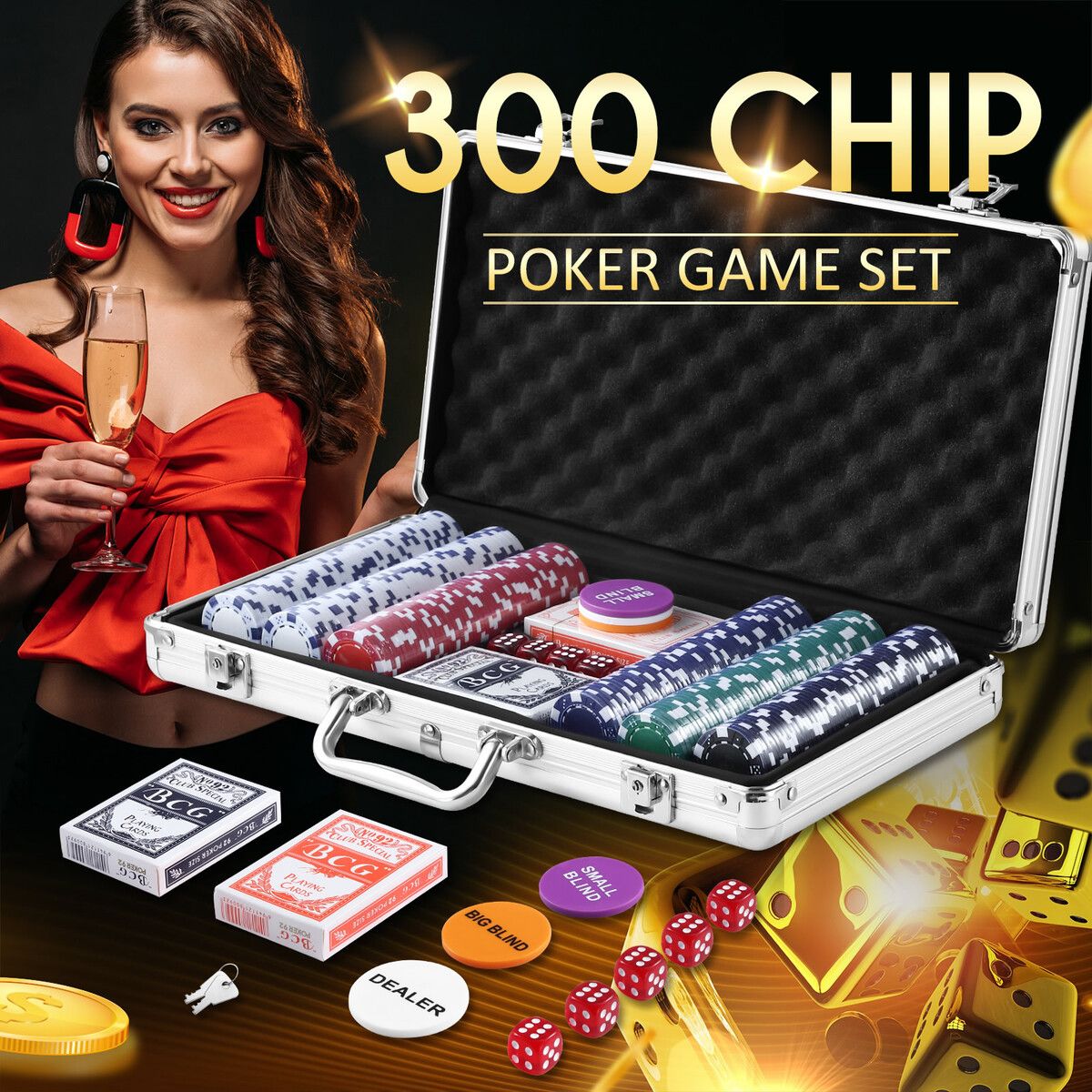 300 Poker Card Chips Professional Casino Dice Dealer Game Play Set Small Big Blind Holographic Eagle Aluminium Case