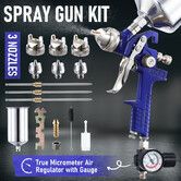 HVLP Spray Gun Kit Car Paint Sprayer Air Regulator 1L Aluminium Cup 3 Fluid Tips Gravity Feed Gauge Automotive Touch Up Primer Fence Wall Furniture