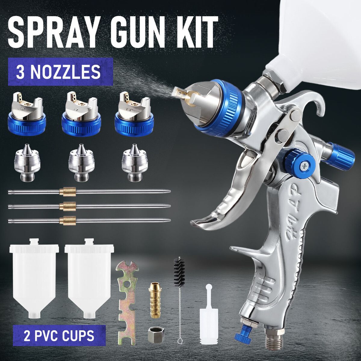 HVLP Spray Gun Kit Air Paint Sprayer Car Automotive Gravity Feed Tool 3 Nozzles 600ml PVC Cup 50PSI Wall Fence Door Furniture Topcoat Primer