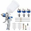 HVLP Spray Gun Kit Air Paint Sprayer Car Automotive Gravity Feed Tool 3 Nozzles 600ml PVC Cup 50PSI Wall Fence Door Furniture Topcoat Primer